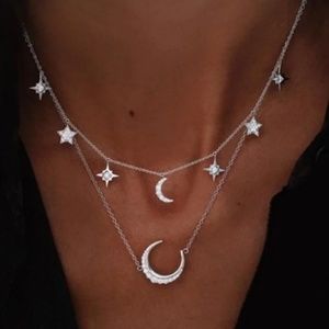 Rhinestone Crescent Moon & Stars Chain Necklace